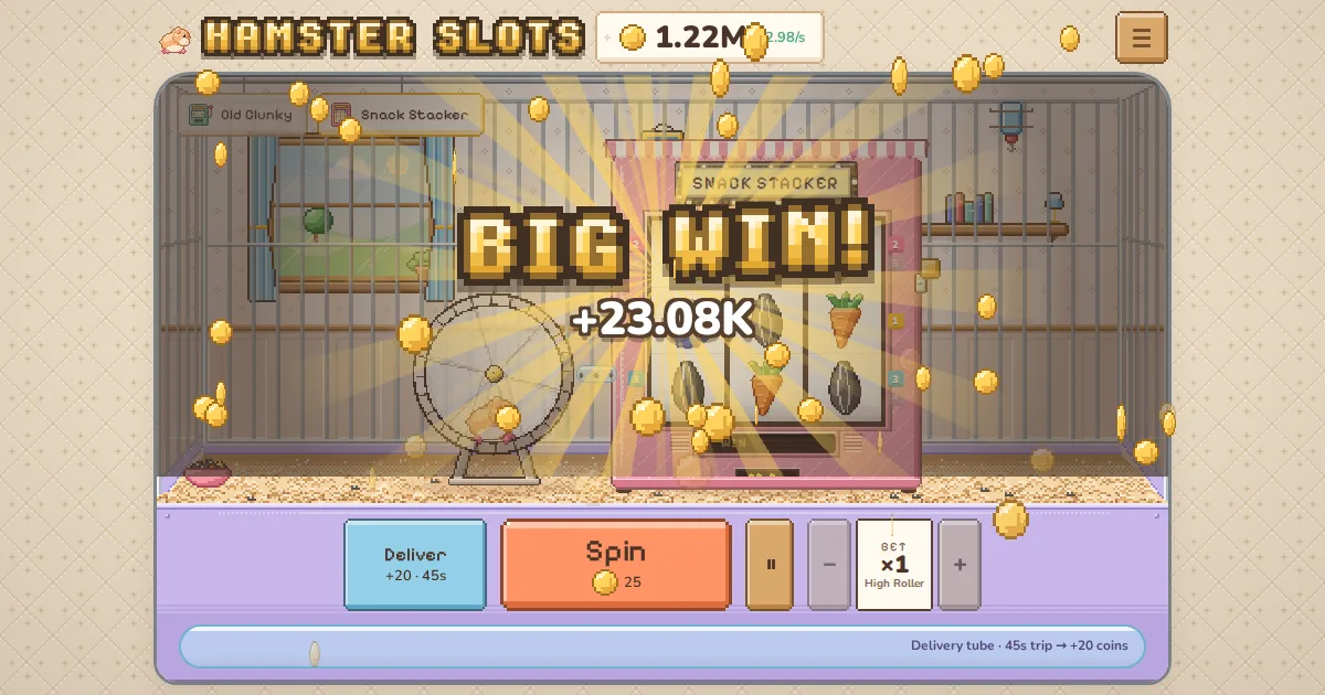 Hamster Slots: a BIG WIN on the Snack Stacker, with coins flying everywhere